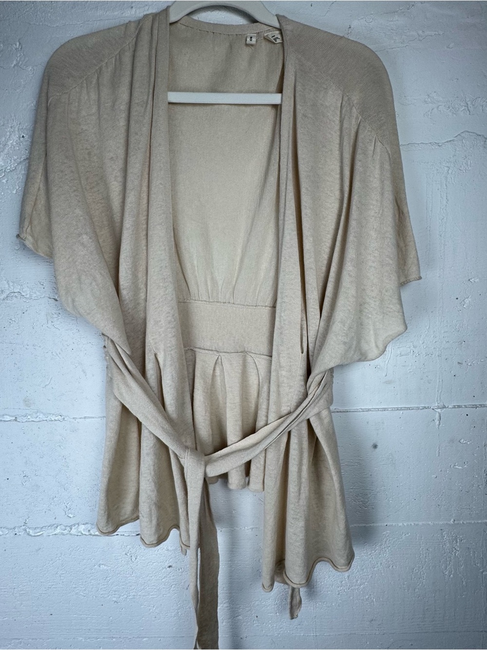 Moth for Anthropologie Linen blend Cream Open Front Belted Cardigan Pleats M